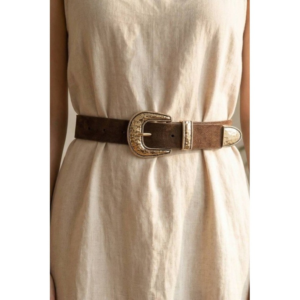NEW Womens Brown Suede Western Belt Gold Hammered Buckle